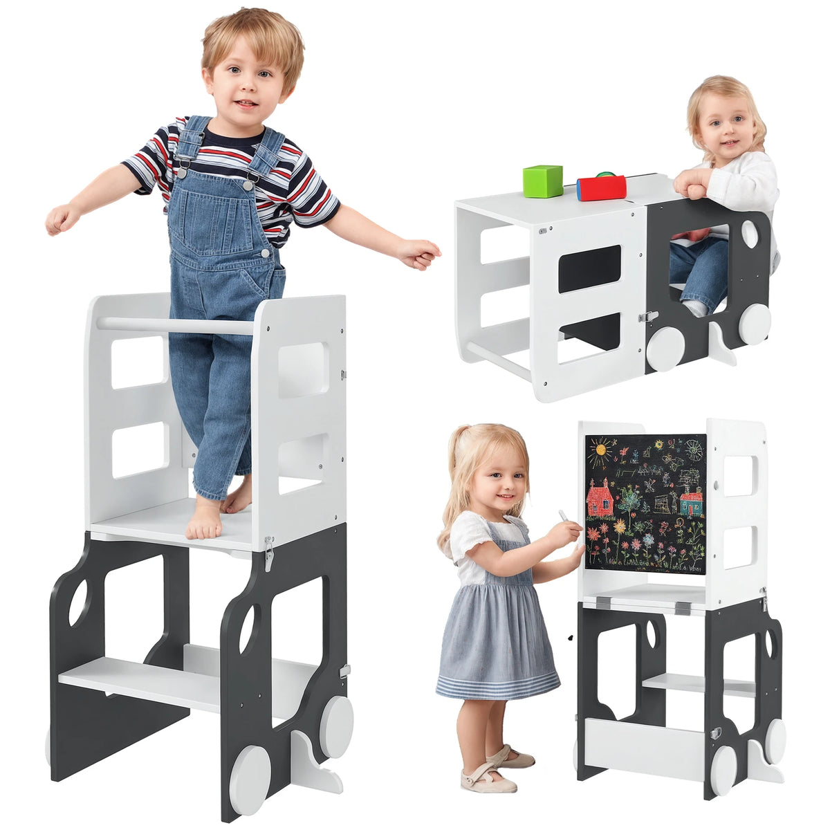 Tour d'Observation Montessori 4 en 1 en Bois, Tableau Noir et Tableau Blanc - Nidobus